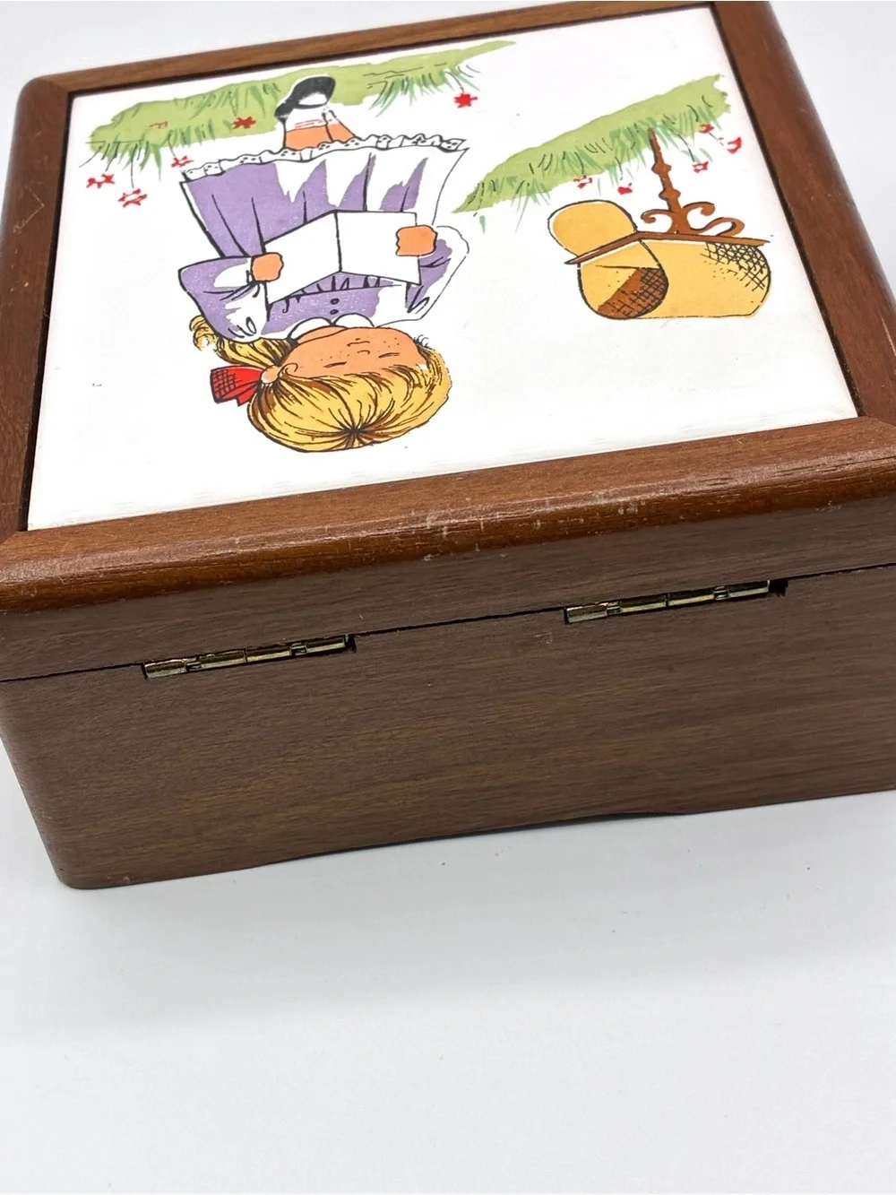 Vintage Mele Wood Jewelry Box Mirror Trinket Box Taiwan Girl Tile Lid